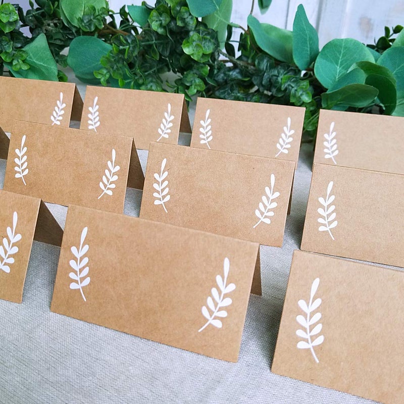 Supla 100 Pcs Place Cards with White Laurel Leaves Kraft Paper Cards Rustic Wedding Table Name Number Blank Table Tent Cards Table Name Tags Table Card Seating Cards Buffet Table Cards - Image 3